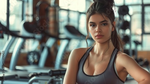 beautiful young woman in a gym doing exercise looking at the camera