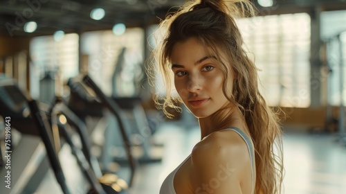beautiful young woman in a gym exercising looking at the camera wearing sports clothing