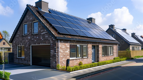 a Dutch house with brick walls and roof tiles, A family house building with solar panels on the roof in a residential area. blue sky and during Spring season 