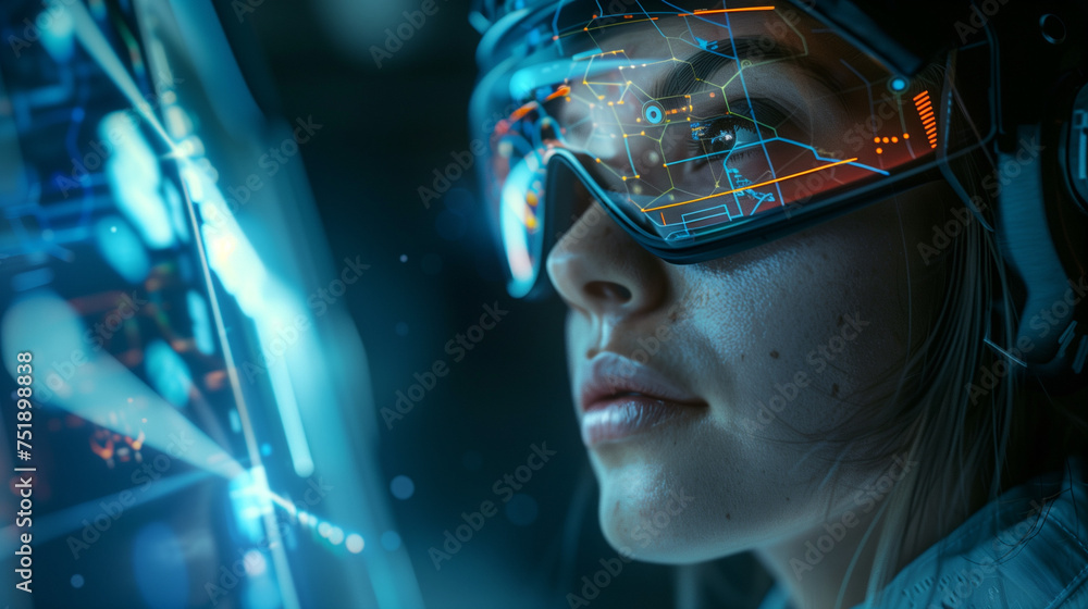 A female engineer shortly who operates a hologram screen, a woman in a modern futuristic office A female engineer shortly who operates a hologram screen, a woman in a modern futuristic office