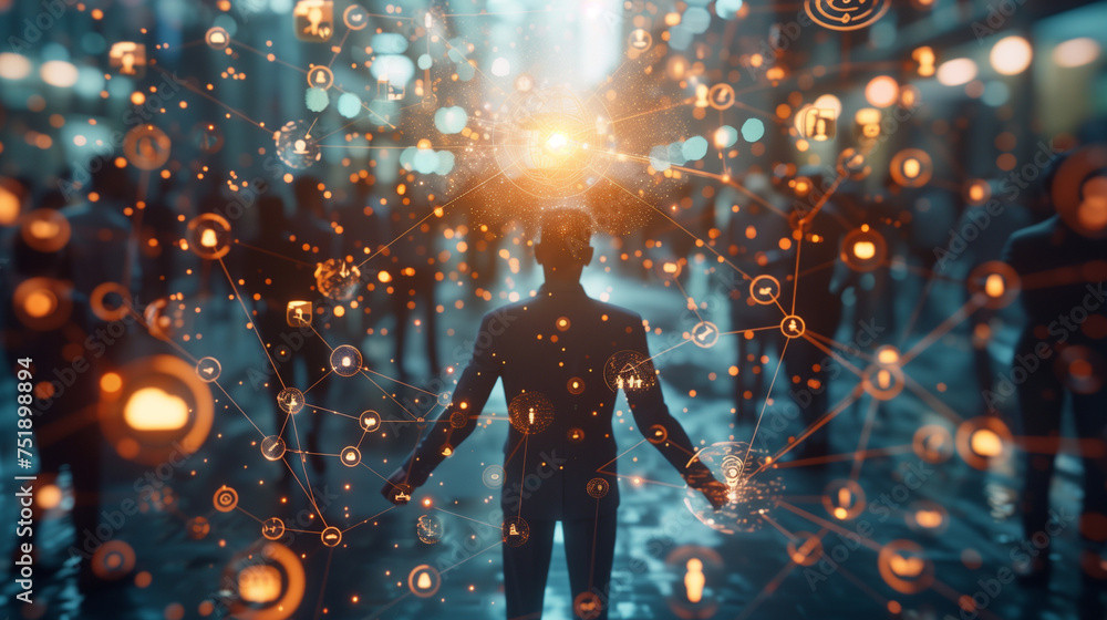 Business network concept. Management strategy. Human resources. a double-exposure of a business man standing in a futuristic office with floating business icons around Business network concept. Management strategy. Human resources. a double-exposure of a business man standing in a futuristic office with floating business icons around