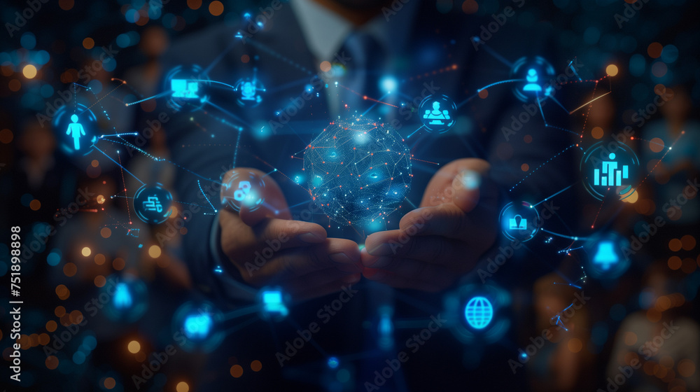 Business network concept. Management strategy. Human resources. a double-exposure of a businessman with floating business icons around is hands Business network concept. Management strategy. Human resources. a double-exposure of a businessman with floating business icons around is hands