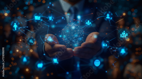 Business network concept. Management strategy. Human resources. a double-exposure of a businessman with floating business icons around is hands