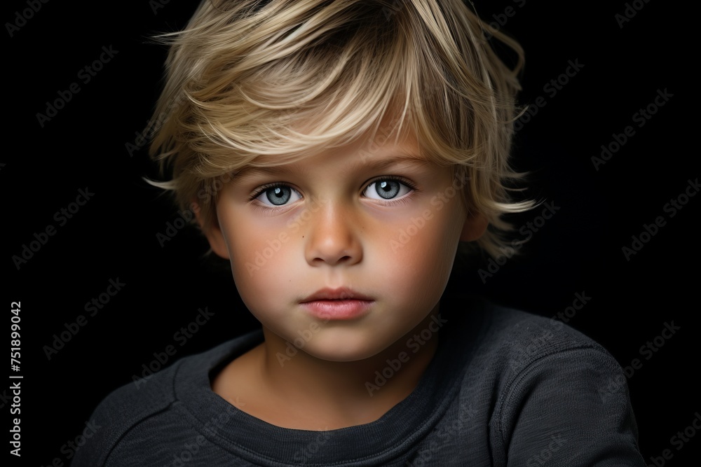 Portrait of a little boy with blond hair on a black background Portrait of a little boy with blond hair on a black background