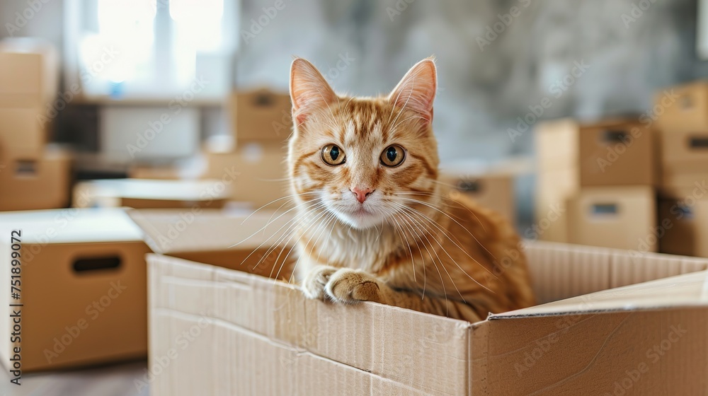 domestic red cat sitting in a box and looking at the camera. the concept of moving to a new home domestic red cat sitting in a box and looking at the camera. the concept of moving to a new home