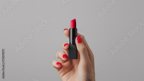 Female hand holding lipstick. Equipment for maquillage. Make-up and visagist. Place for text or creative design. Mockup style. Cosmetic and beauty concept.