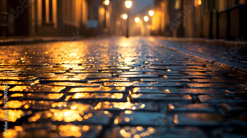 Bright bokeh city lights reflected on wet road surface