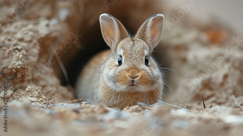 Easter bunny poster peeking out of a hole in the wall with copy space, rabbit jumps out of a torn hole