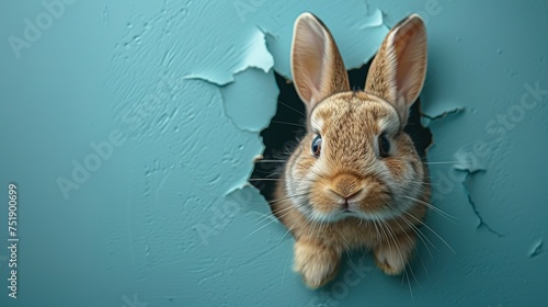 Easter bunny poster peeking out of a hole in the wall with copy space, rabbit jumps out of a torn hole