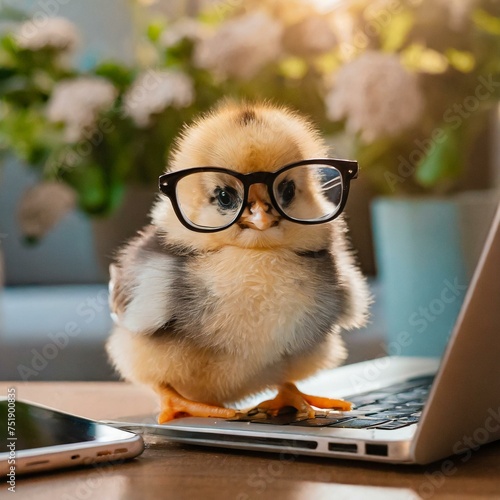 um filhote de frango usando culos realizando negcios com um laptop e celular photo