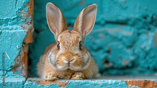 Easter bunny poster peeking out of a hole in the wall with copy space, rabbit jumps out of a torn hole