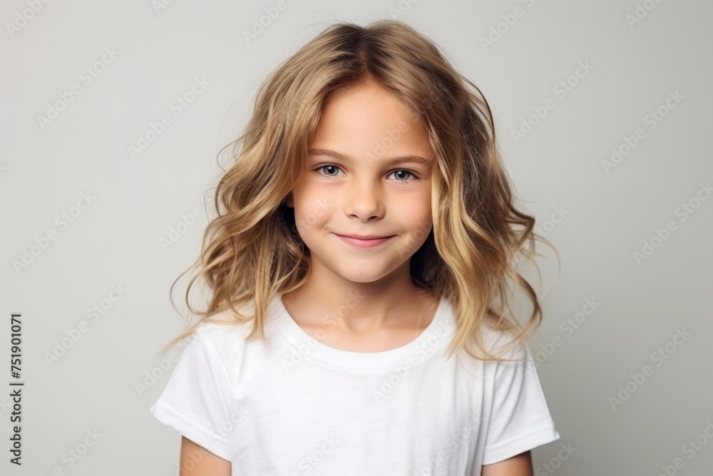 Portrait of a cute little girl with long blond hair on grey background Portrait of a cute little girl with long blond hair on grey background