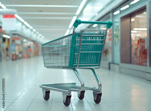 Empty green shopping cart with abstract supermarket grocery store blurred defocused background. Generative AI.