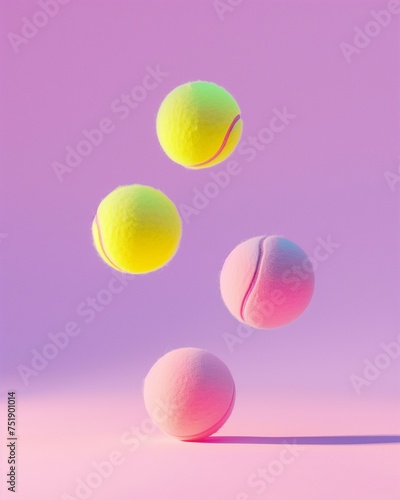 Colorful tennis balls falling on purple holographic background. Minimal creative sport concept. 