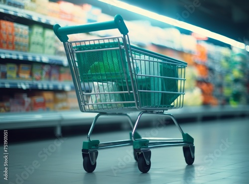 Wallpaper Mural Empty green shopping cart with abstract supermarket grocery store blurred defocused background. Generative AI. Torontodigital.ca