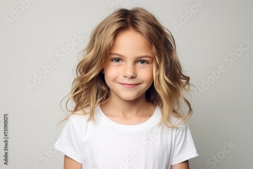 Portrait of a cute little girl with long blond hair on grey background