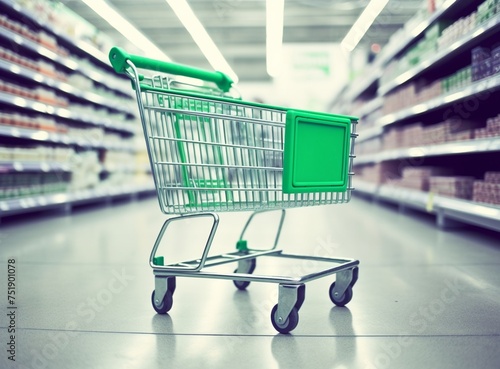 Wallpaper Mural Empty green shopping cart with abstract supermarket grocery store blurred defocused background. Generative AI. Torontodigital.ca