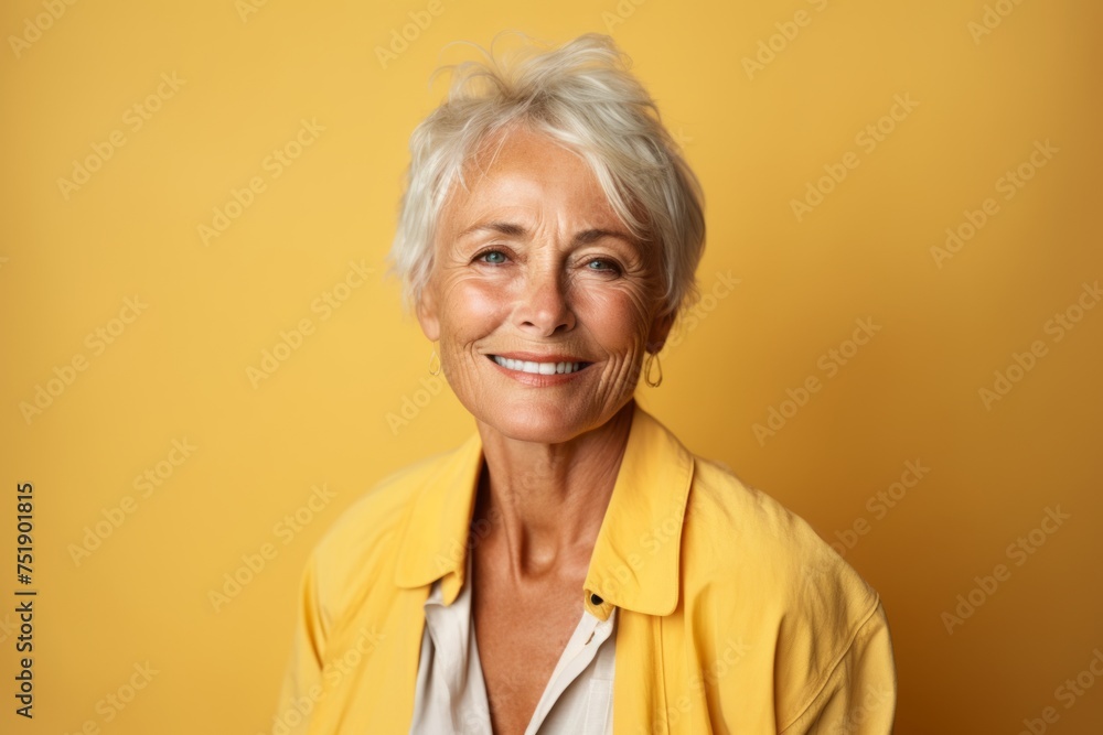 Portrait of smiling senior woman looking at camera isolated on yellow background Portrait of smiling senior woman looking at camera isolated on yellow background