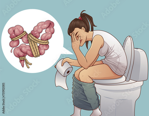 Bowel obstruction. Woman with health problems. Healthcare illustration. Vector illustration.