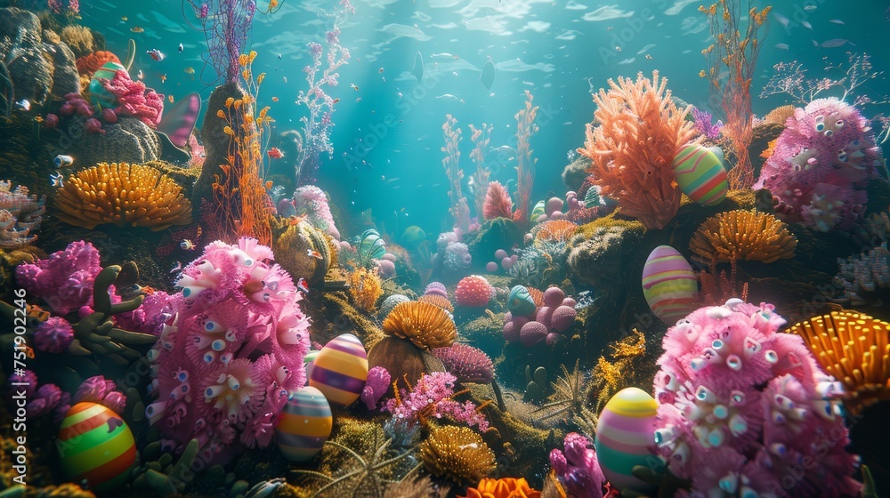 Fototapeta premium Easter Fantasy Underwater Wonderland with Colorful Coral Reefs and Painted Eggs