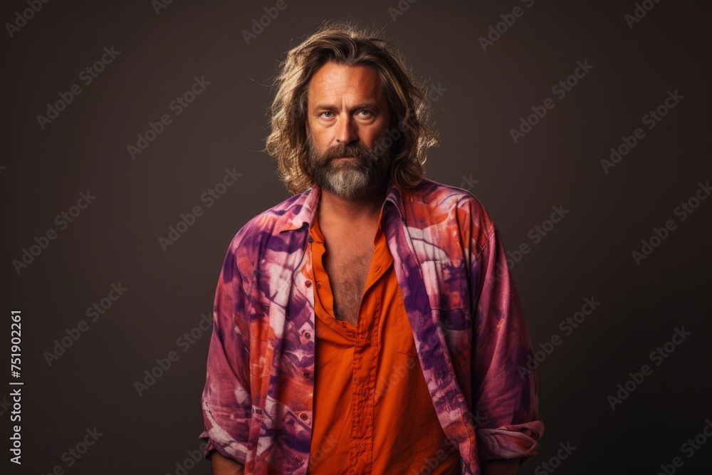 Handsome middle age man with long hair and a colorful shirt on a dark background Handsome middle age man with long hair and a colorful shirt on a dark background