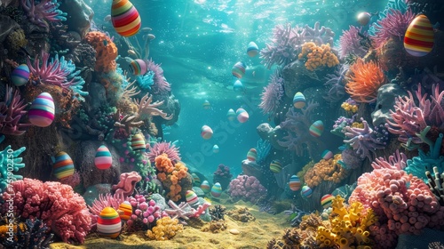 Easter Fantasy Underwater Wonderland with Colorful Coral Reefs and Painted Eggs