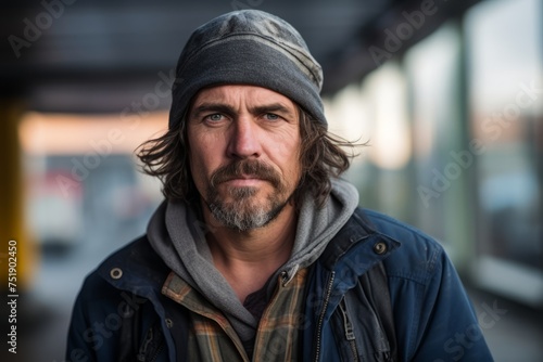Portrait of a handsome man with long hair and beard in a urban context © Iigo