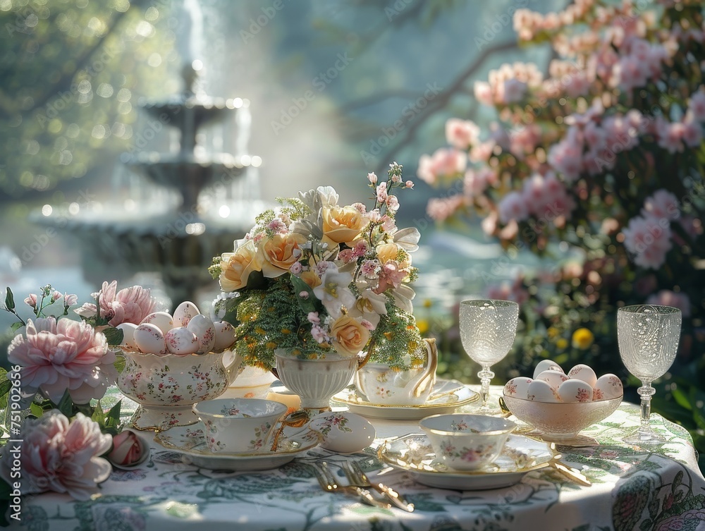 Fototapeta premium Sophisticated Easter Brunch Set Up in a Blooming Garden with Vintage Tableware and Floral Arrangements