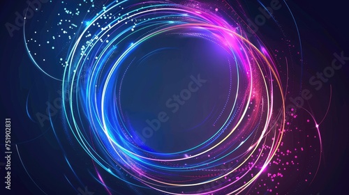 Abstract glowing circle lines in 7 colors on a dark blue background. geometric line art design modern shiny blue lines future technology concept