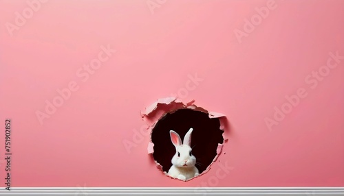 Easter bunny poster peeking out of a hole in the pink wall with copy space, rabbit jumps out of a torn hole created with generative ai	