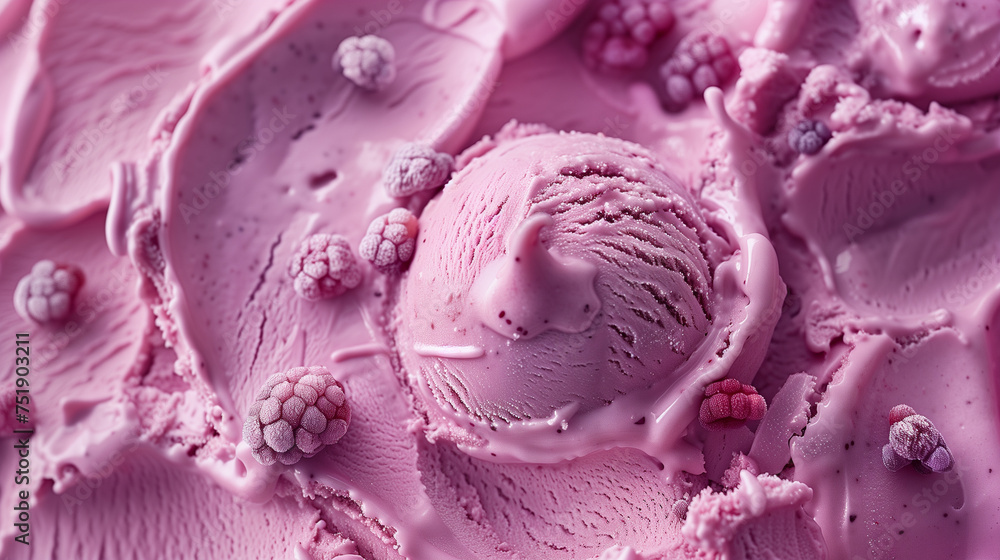 Obraz premium Presented in high resolution, this image showcases the luxurious texture of berry swirl gelato ice cream, adorned with discernible fruit pieces, evoking a sense of indulgence and delight.