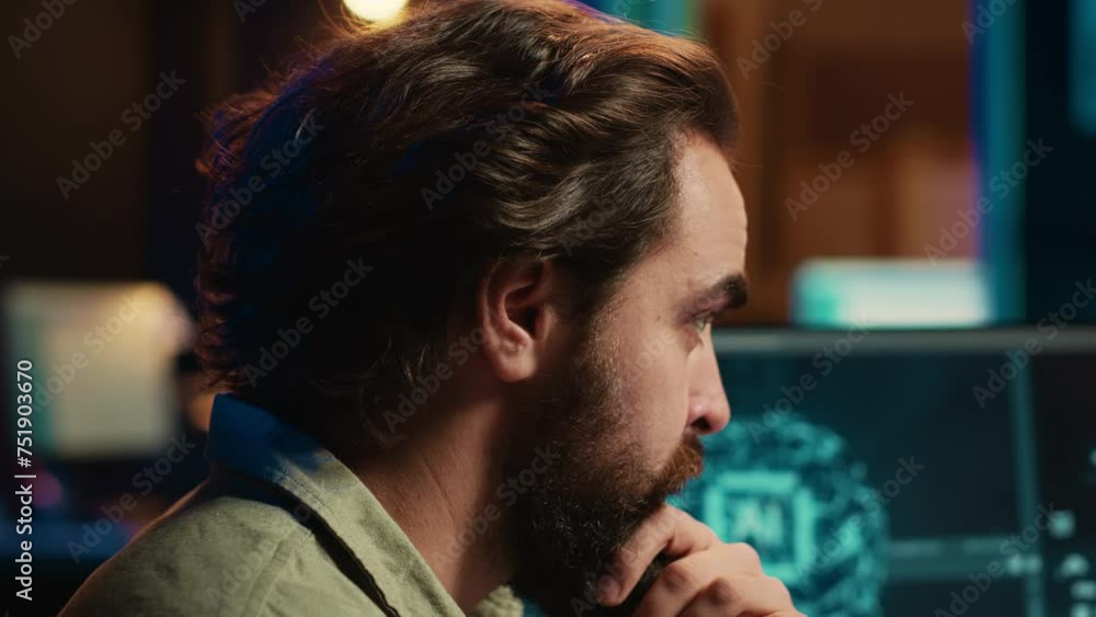Developer having complex emotions while updating artificial intelligence machine learning algorithm. IT expert programming to upgrade AI brain, camera A close up on face expressions Developer having complex emotions while updating artificial intelligence machine learning algorithm. IT expert programming to upgrade AI brain, camera A close up on face expressions