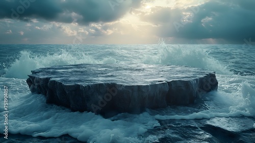 rock podium on sea shore crashing waves with beach themed background photo