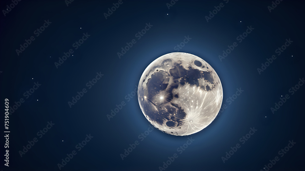 A serene depiction of the full moon radiating a soft light against the backdrop of a star-studded dark blue sky