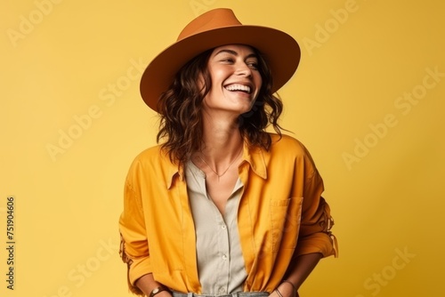 Portrait of a beautiful young woman in hat and shirt on yellow background © Iigo