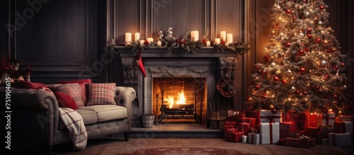 In the living room, a beautifully decorated Christmas tree stands tall next to a crackling fire in the fireplace. The warm and inviting atmosphere is perfect for festive gatherings with family and