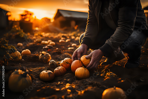 Harvesting Pumpkins at Sunset. An evocative image capturing hands gently collecting ripe pumpkins in a field at dusk, perfect for themes of agriculture, autumn, and harvest.