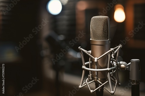 Professional studio microphone with shock mount and pop filter on blurred background, Concept of music production, broadcasting and sound recording