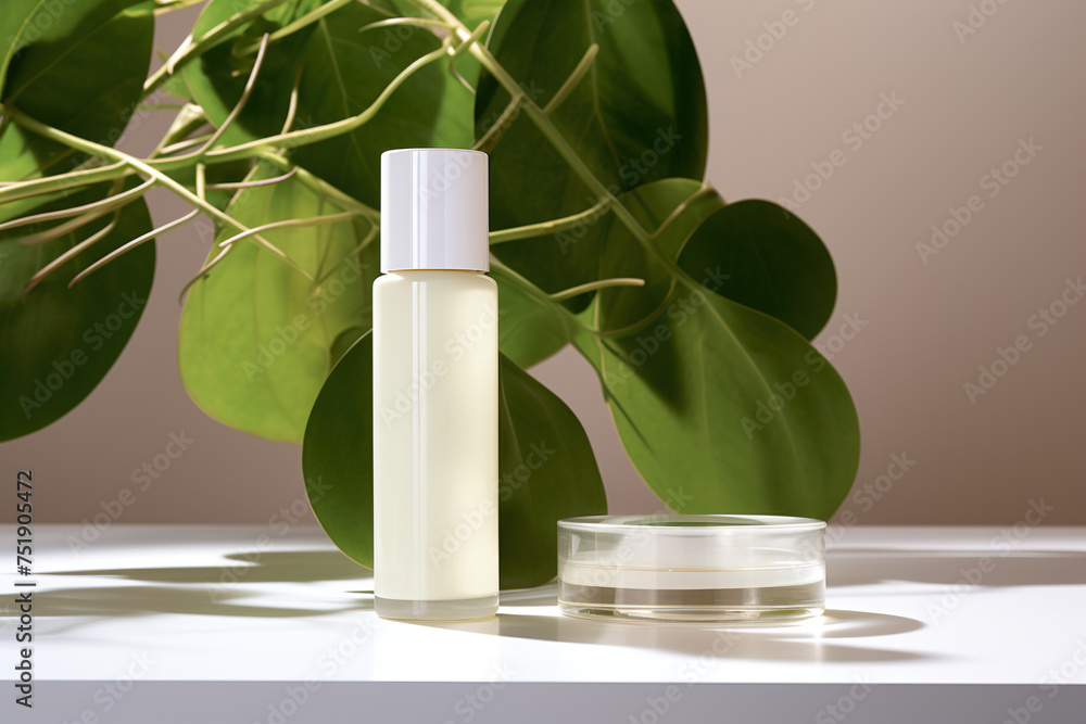 cosmetic bottle with leafs in the background cosmetic bottle with leafs in the background