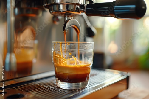 Espresso Shot Being Pulled from a Machine into a Glass, Concept of Coffee Perfection and Morning Routine