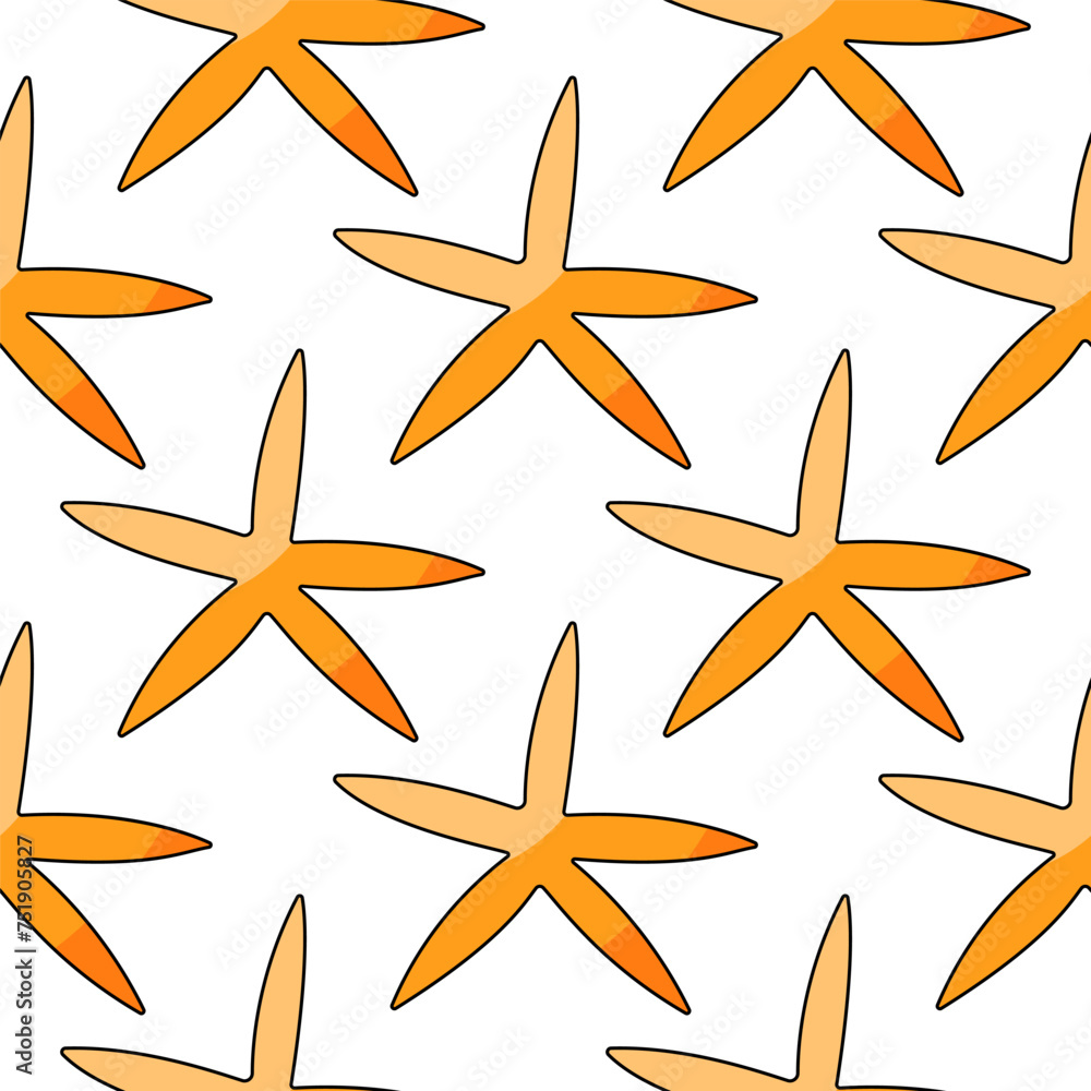 Starfish underwater. Summer Seamless Pattern Background. Animals of the sea. Five limbs. Colored seafood. Print for children's and adult clothing. Hand drawn vector illustration. Starfish underwater. Summer Seamless Pattern Background. Animals of the sea. Five limbs. Colored seafood. Print for children's and adult clothing. Hand drawn vector illustration.