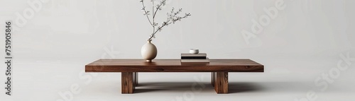 Minimalist coffee table with a few carefully chosen decor items on top, such as a small vase with a single flower or a stack of books, generative AI