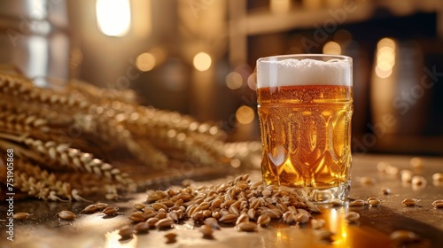 beer with foam in a glass glass next to a beer barrel next to an ear of wheat representing natural or original in high definition