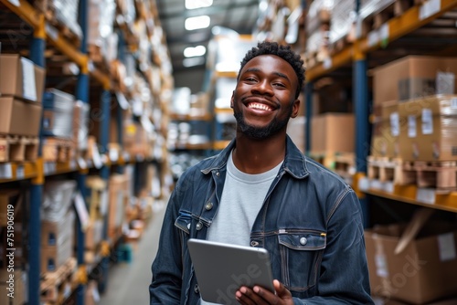 Smiling African American man holding tablet in warehouse, concept of modern logistics and inventory management