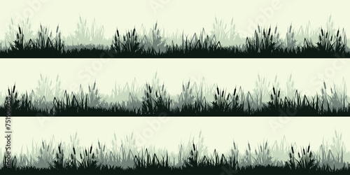 Meadow silhouettes with grass, plants on plain. Panoramic summer lawn landscape with herbs, various weeds. Herbal border, frame. Nature background. Green horizontal banner. Vector illustration