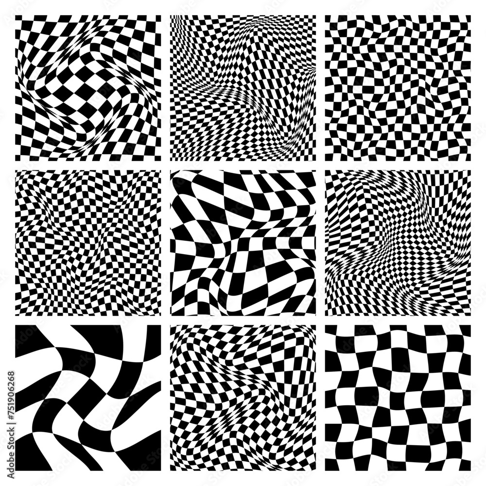 Trendy checkered pattern, black and white distorted tiled grid. Wavy curved backdrop, distortion effect. Funky geometric chessboard texture, retro background in 90s style, y2k. Vector illustration Trendy checkered pattern, black and white distorted tiled grid. Wavy curved backdrop, distortion effect. Funky geometric chessboard texture, retro background in 90s style, y2k. Vector illustration