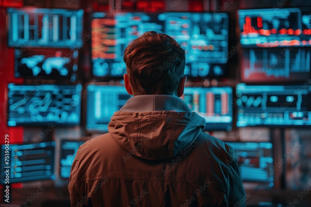 Engineer analyzing data on multiple computer screens in high-tech control room, concept of network monitoring and security management Engineer analyzing data on multiple computer screens in high-tech control room, concept of network monitoring and security management