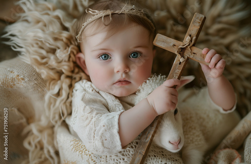 Easter photo of a girl with a cross and a lamb.Minimal creative He is rising and fashion advetise  Easter concept.Copy space,top view.Generative AI photo