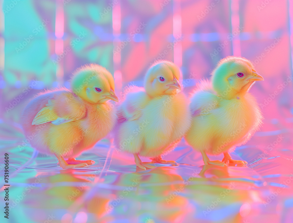 Colorful easter chicks with neon lights in a row.Minimal creative Easter party celebration concept.Copy space,top view.Generative AI