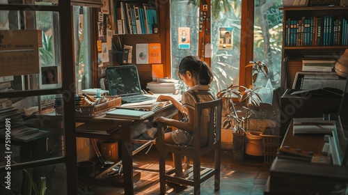 study child doing schoolwork at home photo